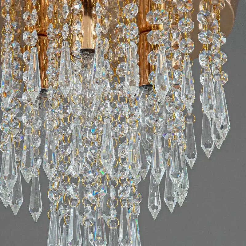 DecorBites crystal ceiling light featuring cascading clear teardrop and round crystals on gold metal frame