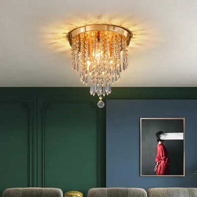 DecorBites™ crystal ceiling light with golden frame and cascading clear glass prisms for elegant home decor