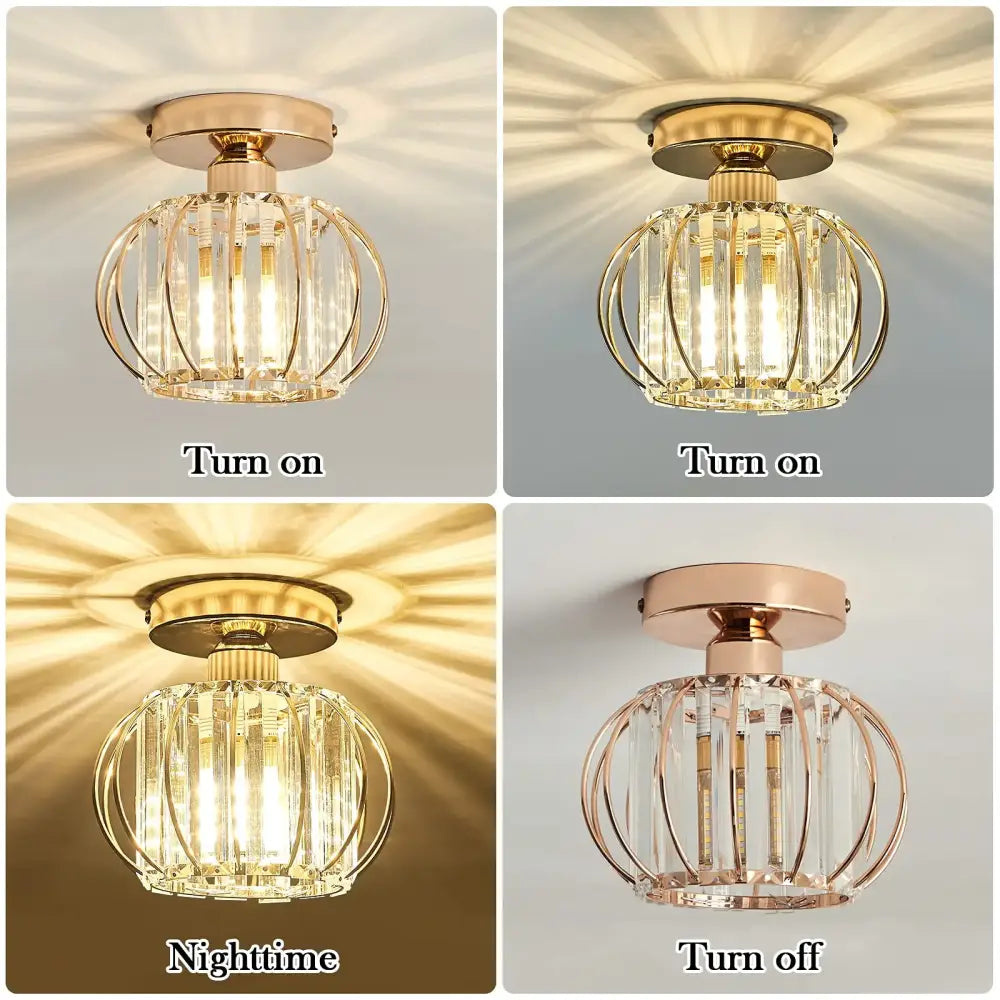 Decorbites crystal ceiling gold-toned ceiling light fixture with cage design of crystal rods and metal frames providing warm ambient lighting