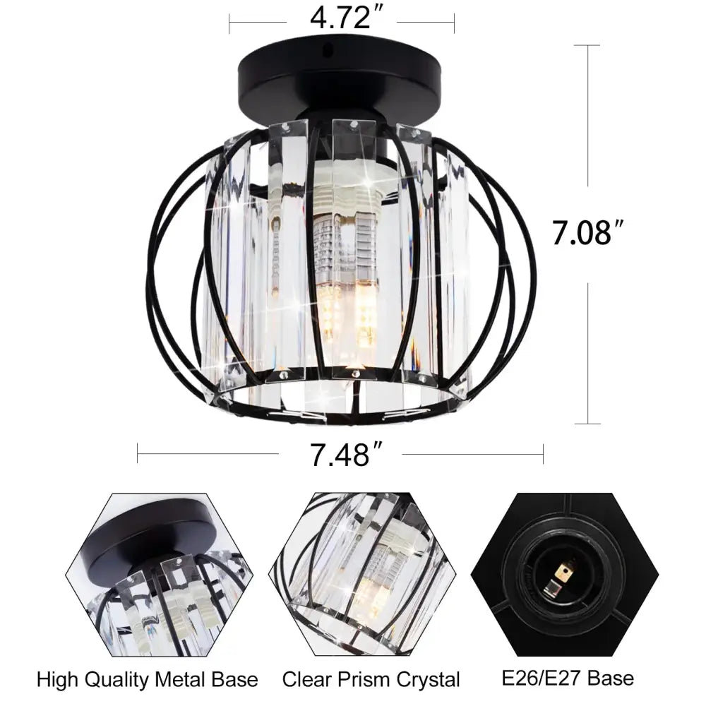 Decorbites crystal ceiling light fixture featuring a black metal cage design with clear prism crystal accents