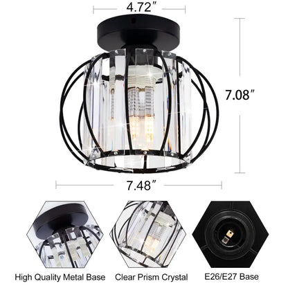 Decorbites crystal ceiling light fixture featuring a black metal cage design with clear prism crystal accents