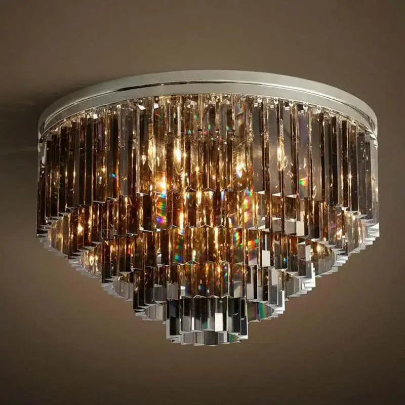 DecorBites crystal ceiling light with cascading amber and clear crystal prisms on polished chrome frame ceiling light