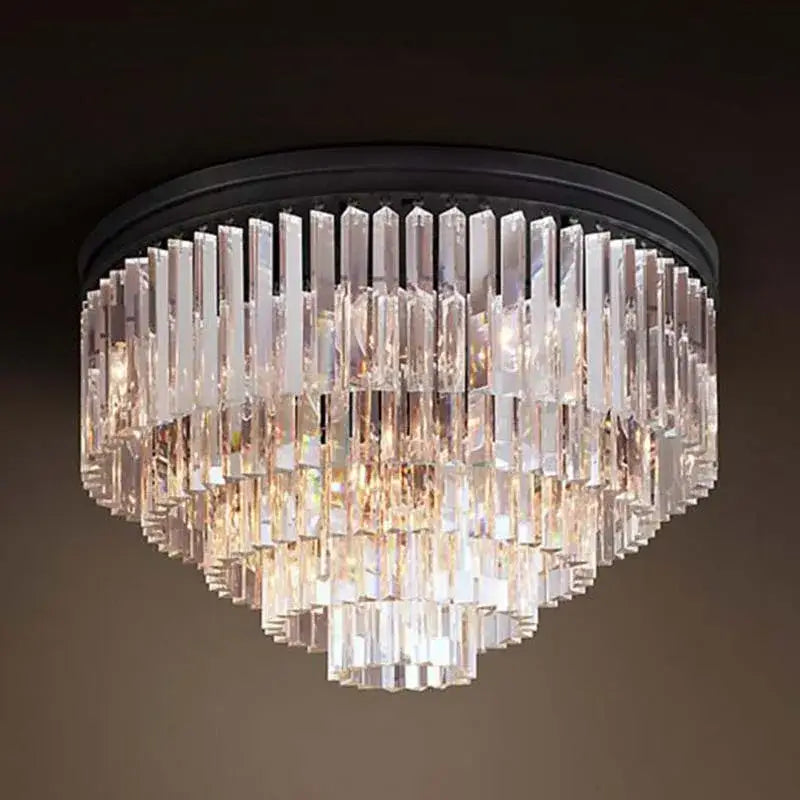 A modern decorbites crystal ceiling light featuring tiered clear glass rods on a matte black circular base