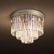 A modern decorbites crystal ceiling light with a sleek chrome base and cascading clear faceted glass prisms