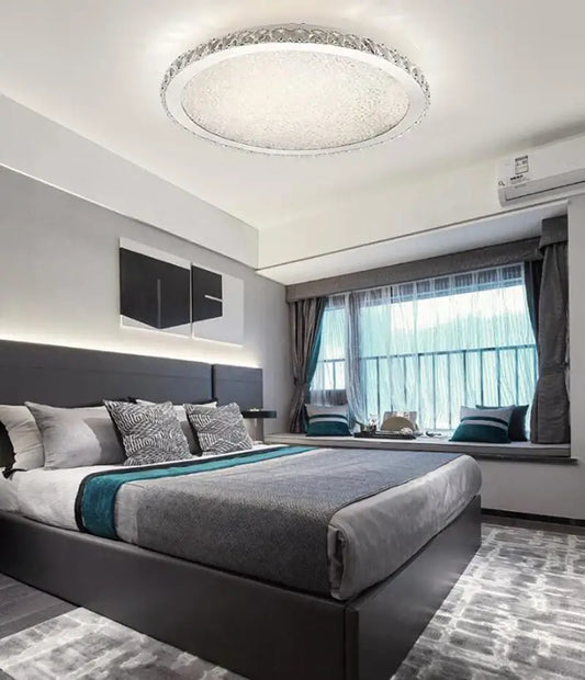 Decorbites crystal ceiling light with a sparkling crystal-encrusted ring and frosted glass center for living room use