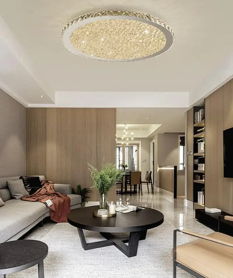 Decorbites crystal ceiling light with sparkling gold crystals and sleek silver frame for living room and bedroom use
