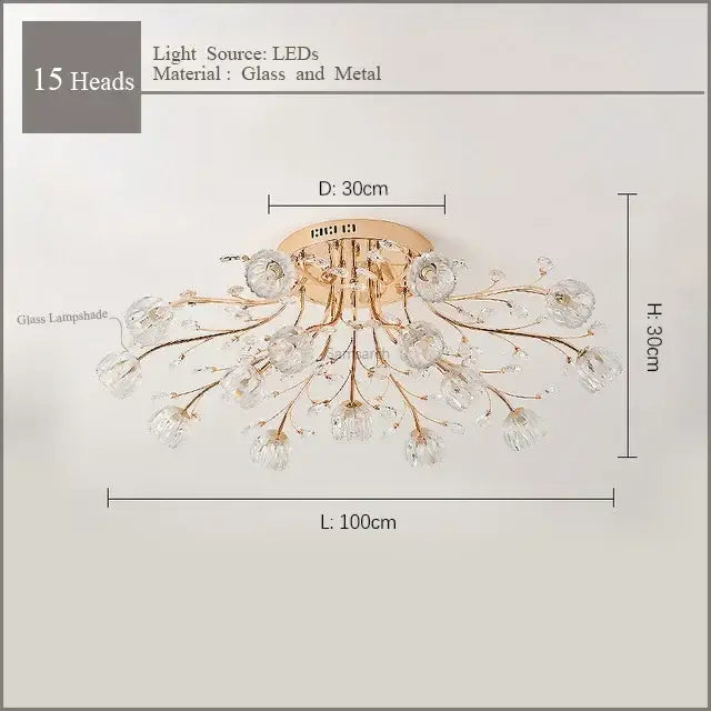 A gold-toned decorbites crystal ceiling light with 15 flower-shaped glass lampshades for luxury living spaces