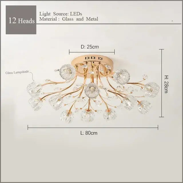 A delicate rose gold decorbites crystal ceiling light with twelve crystal glass lampshades in a floral design