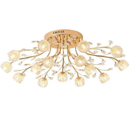 Gold-toned decorbites crystal ceiling light with flower-like crystal bulbs and delicate branch design for modern luxury spaces