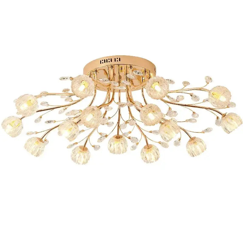 Gold-toned decorbites crystal ceiling light with flower-like crystal bulbs and delicate branch design for modern luxury spaces