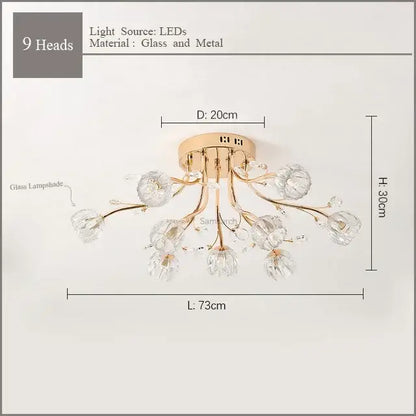 Gold-toned decorbites crystal ceiling light with nine crystal glass lampshades for modern luxury living spaces by Samsarah Lighting