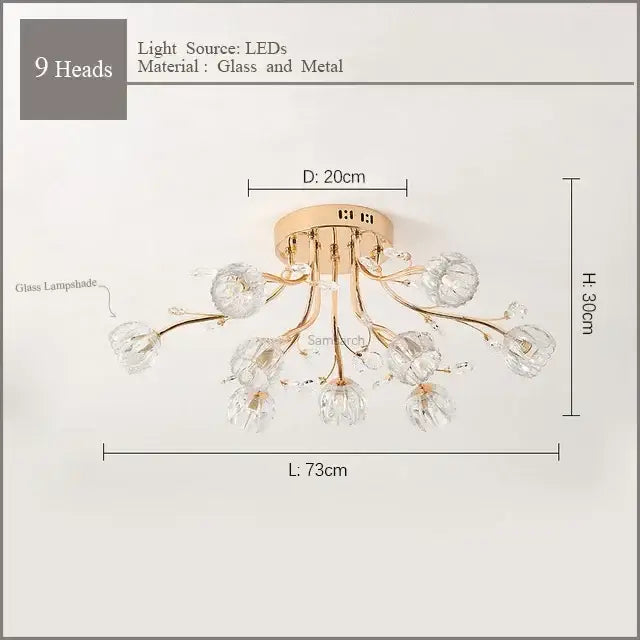 Gold-toned decorbites crystal ceiling light with nine crystal glass lampshades for modern luxury living spaces by Samsarah Lighting