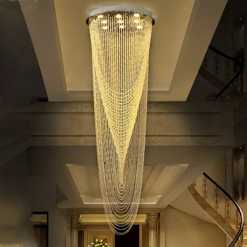A luxurious golden decorbites crystal ceiling light with cascading tiers of faceted beads for home lighting