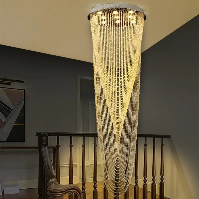 DecorBites crystal ceiling light with clear faceted beads and circular top for elegant home stairs lighting