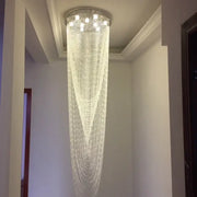 DecorBites™ crystal ceiling light with cascading clear beads and circular metallic top for stairs and living room lighting