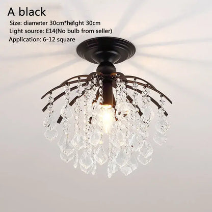 Black metal DecorBites crystal ceiling light with dangling clear crystal droplets for luxury home living spaces