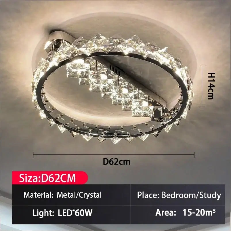 A modern decorbites crystal ceiling light with oval chrome frame and LED cascading crystals for living room and bedroom