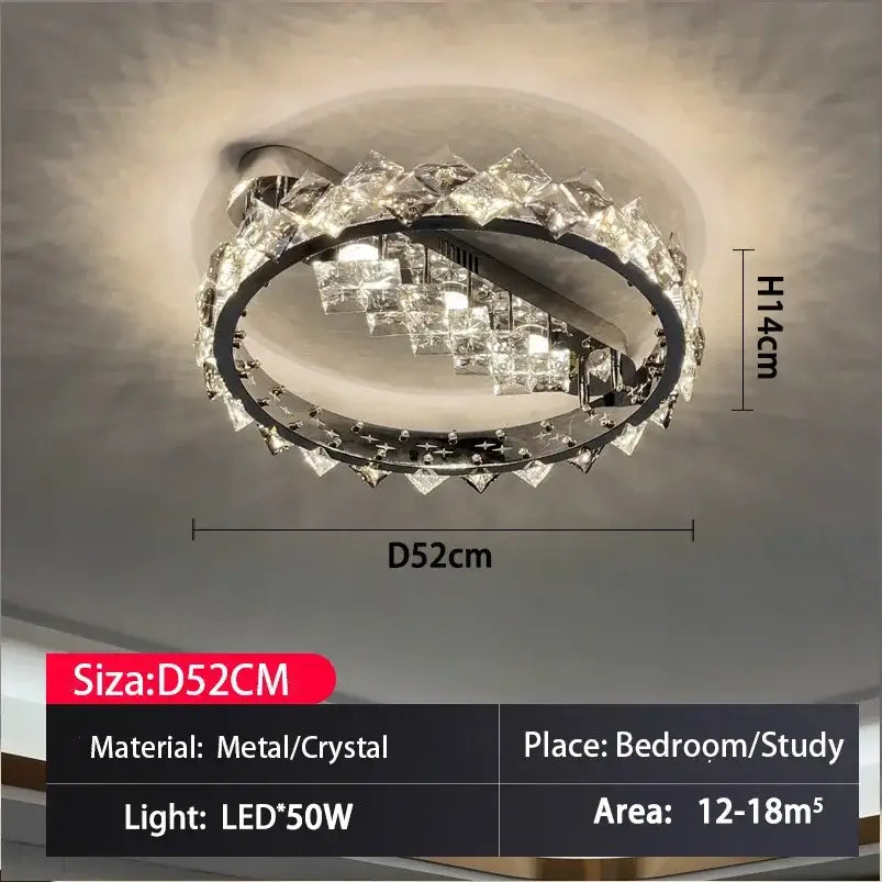 A modern decorbites crystal ceiling light with oval chrome frame and clear faceted crystals for living room and bedroom