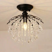 Black metal decorbites crystal ceiling light with cascading clear crystal droplets and central exposed bulb for modern luxury