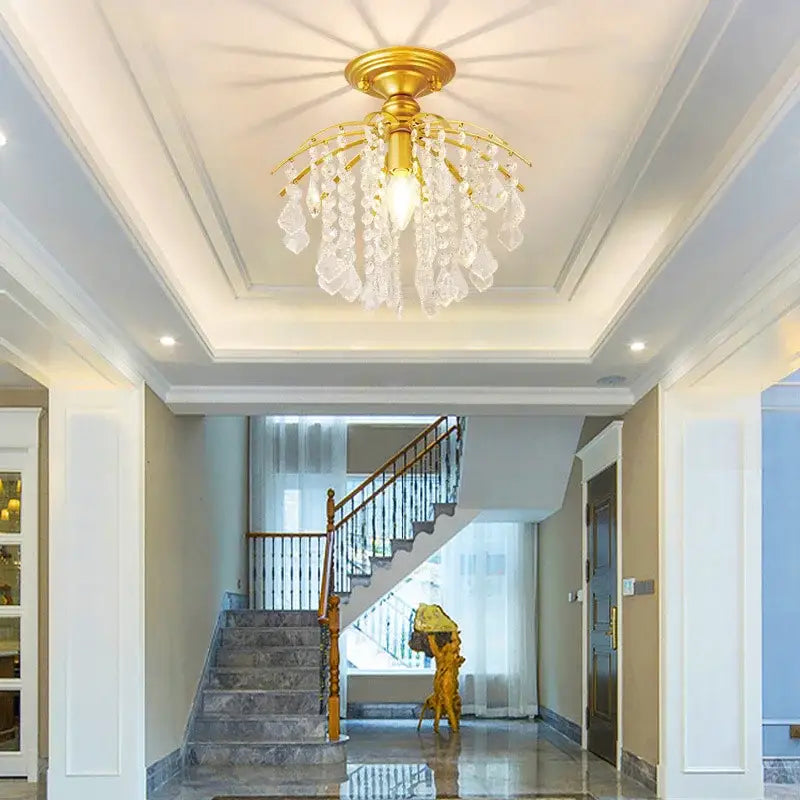Gold-finished decorbites crystal ceiling light with dangling crystal droplets for modern luxury home decor