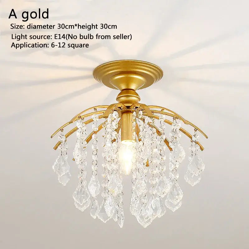 Gold-colored decorbites crystal ceiling light with central bulb and cascading clear crystal droplets for modern luxury