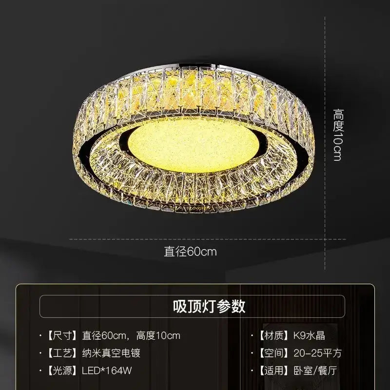 Decorbites crystal ceiling light with yellow led panel and clear k9 crystal rings in chrome for modern living spaces