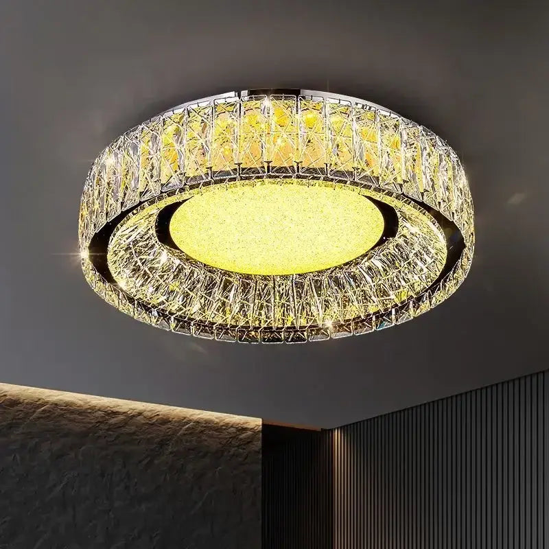 DecorBites crystal ceiling light with warm yellow glow and faceted crystals in polished chrome for modern rooms