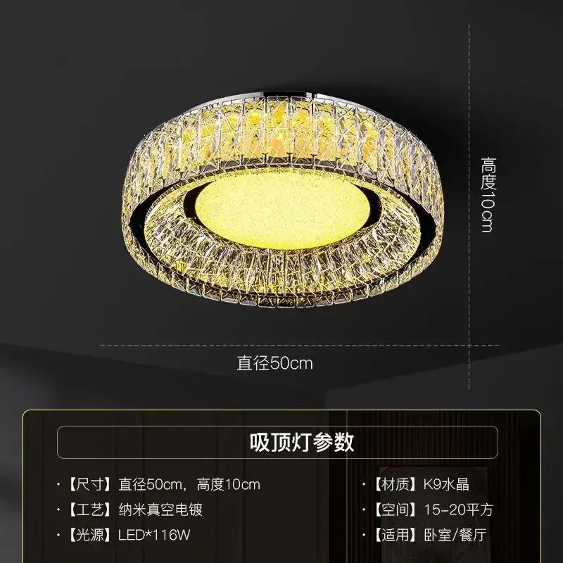 DecorBites crystal ceiling light with warm yellow LED panel and chrome framed k9 crystal rings for modern luxury
