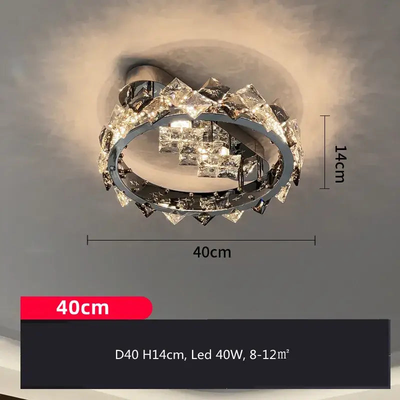 A modern chrome decorbites crystal ceiling light with oval crystal accents and central led panel for living room