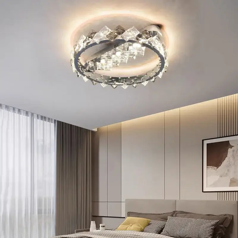 DecorBites crystal ceiling light with clear faceted crystals and stainless steel in a modern dimmable ceiling light fixture