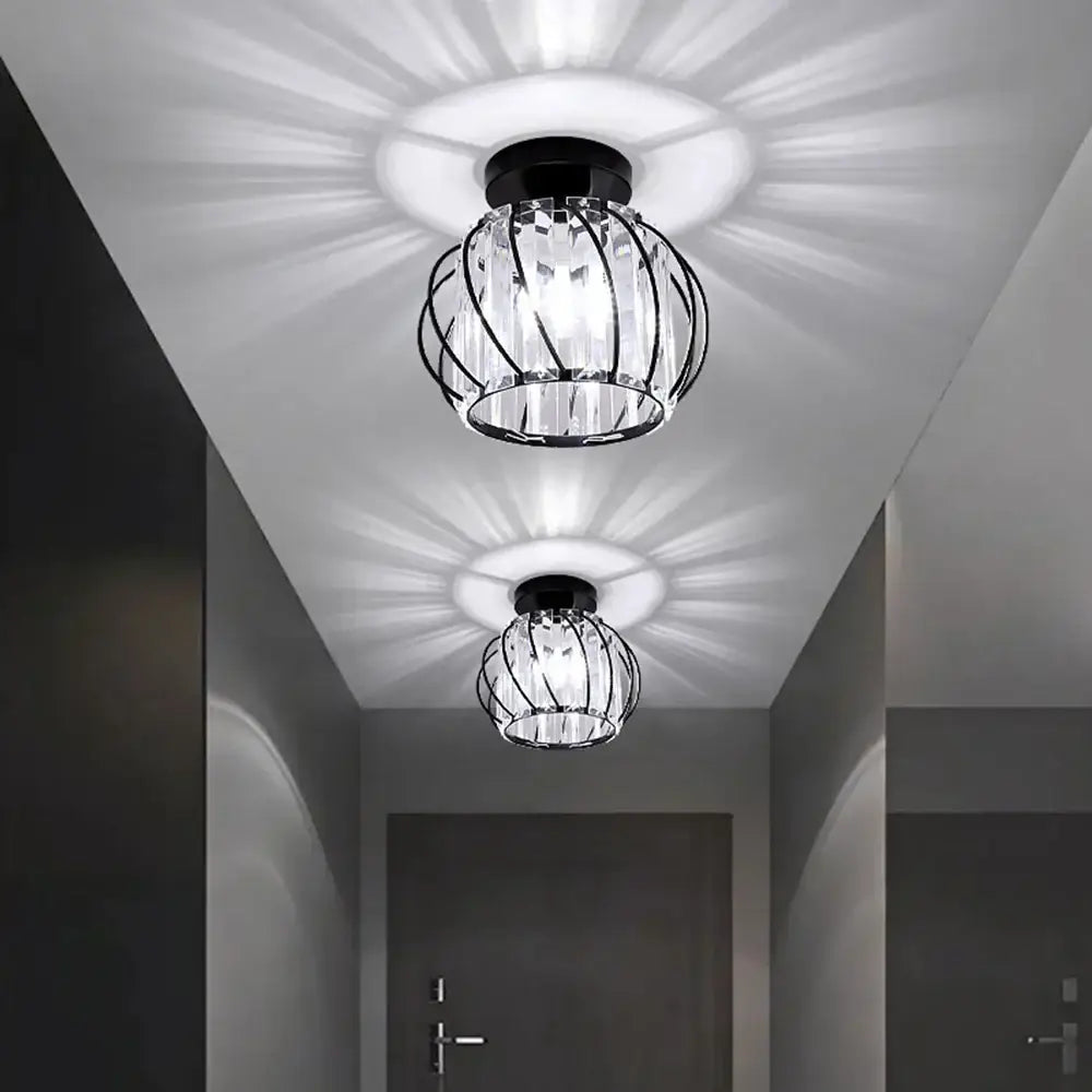 Black metal cage-style decorbites crystal ceiling light with clear crystal accents for indoor hallway and bedroom use