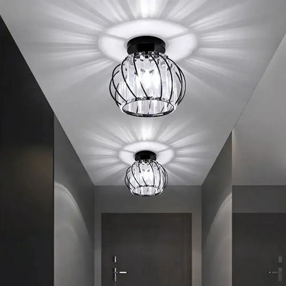 Black metal cage-style decorbites crystal ceiling light with clear crystal accents for indoor hallway and bedroom use