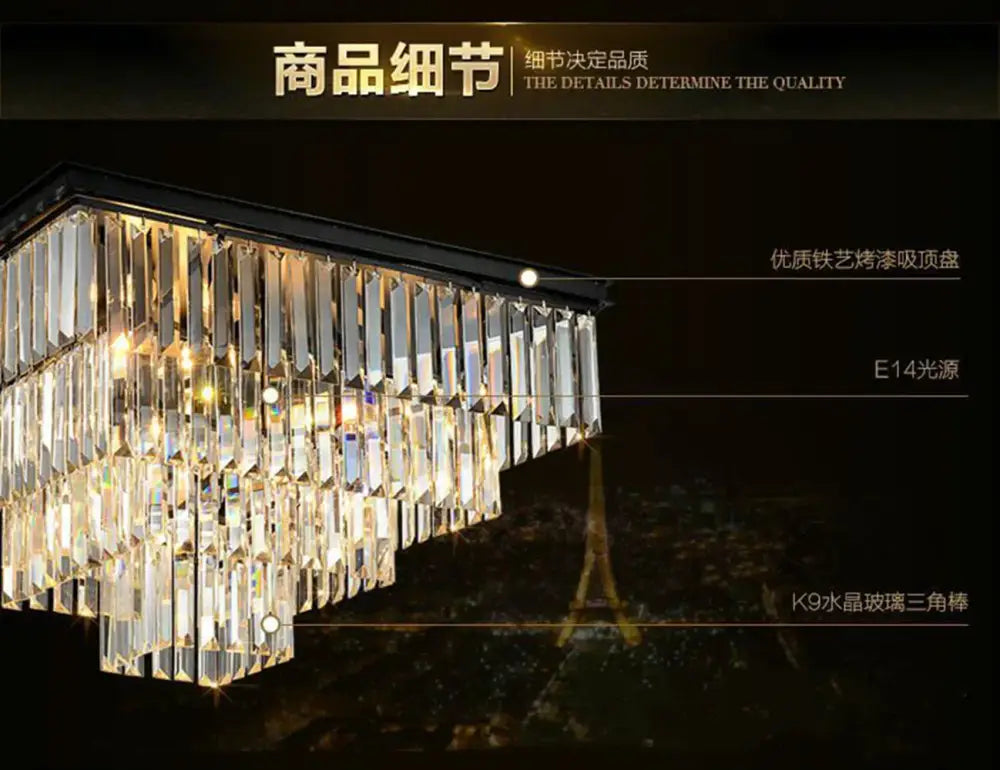 Rectangular decorbites crystal ceiling light with tiered faceted k9 glass prisms and black iron frame for elegant decor