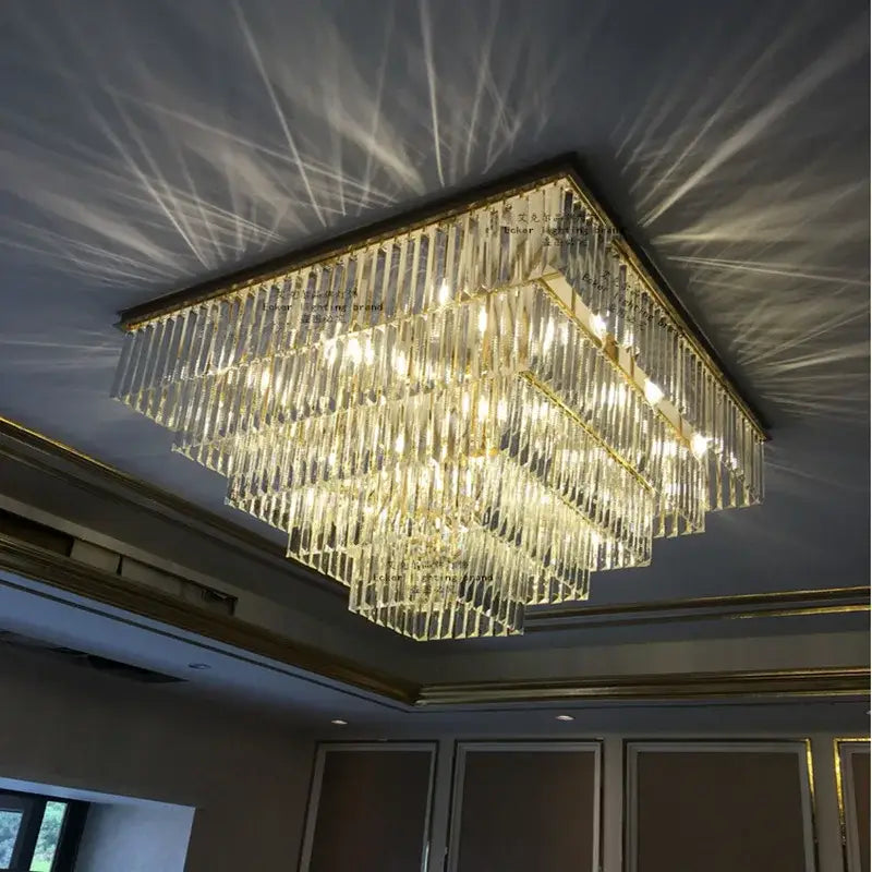 Decorbites crystal ceiling light featuring a gold-toned metal frame with faceted glass rods for elegant ceiling light decor