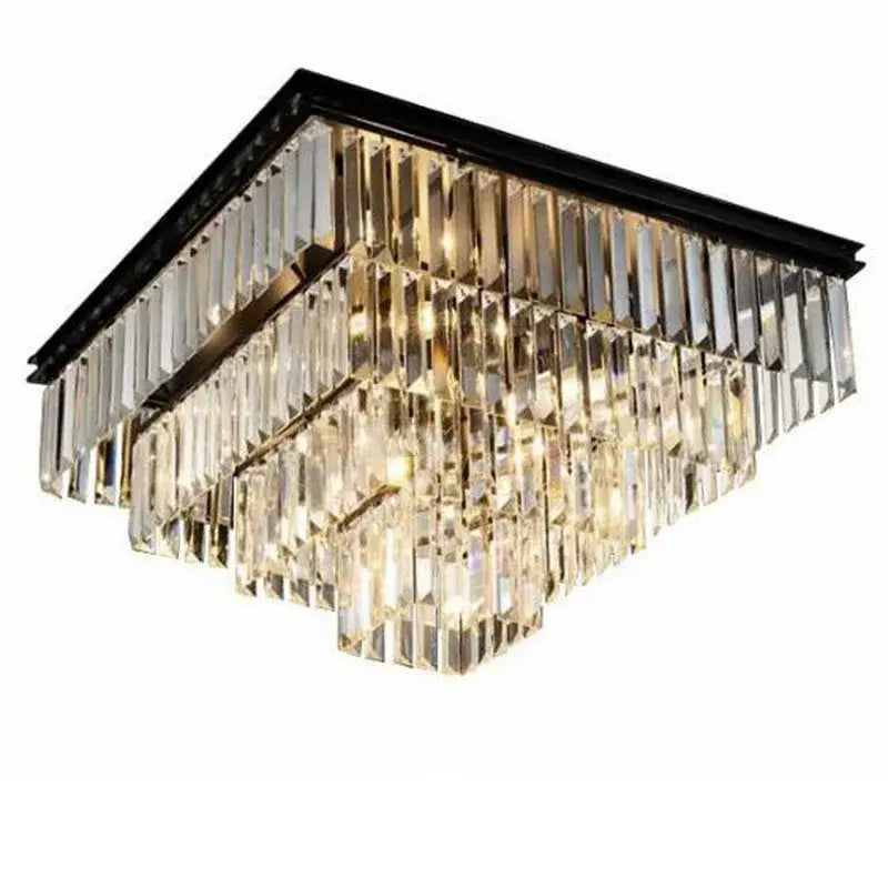 DecorBites™ crystal ceiling light with a black metal frame and cascading glass prisms for elegant home and hotel decor