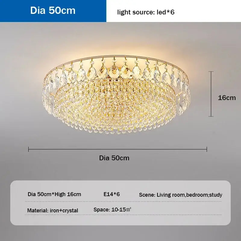 DecorBites crystal ceiling lights with gold-toned iron frame and clear crystal droplets featuring six LED bulbs for living rooms