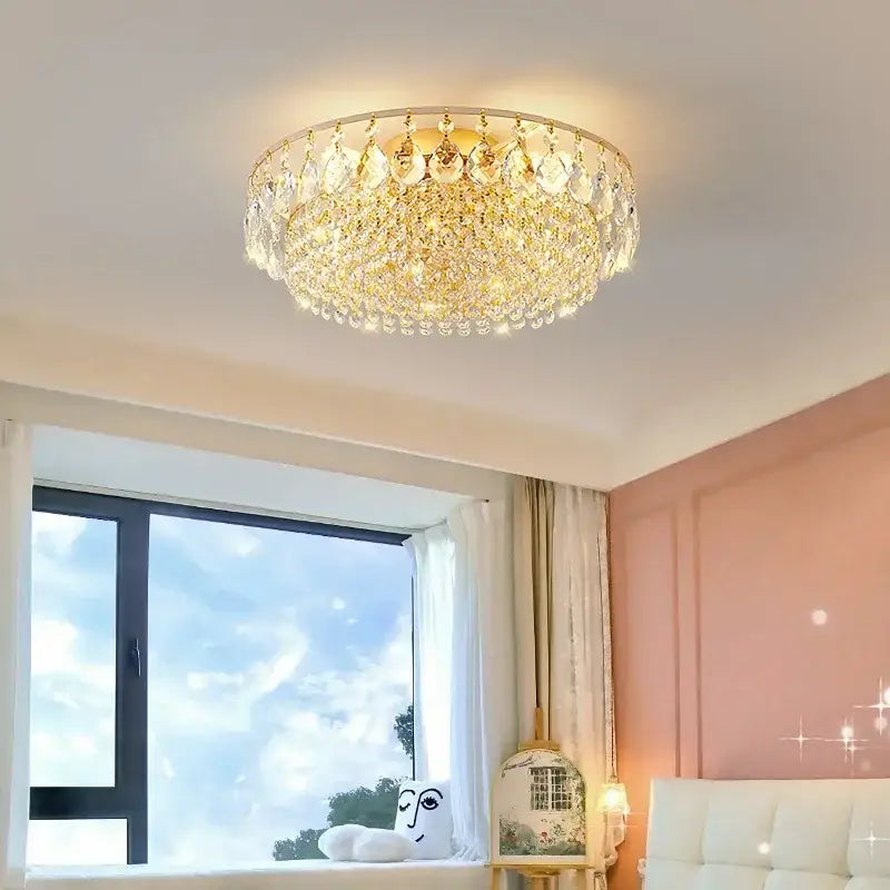 DecorBites™ crystal ceiling lights with gold-toned metal frame and clear crystals emitting warm light for elegant decor