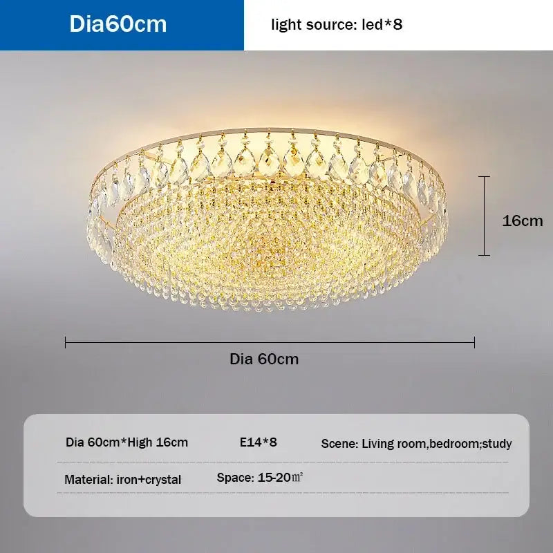DecorBites™ crystal ceiling lights with gold iron frame and clear crystals illuminated by eight led lights for living room