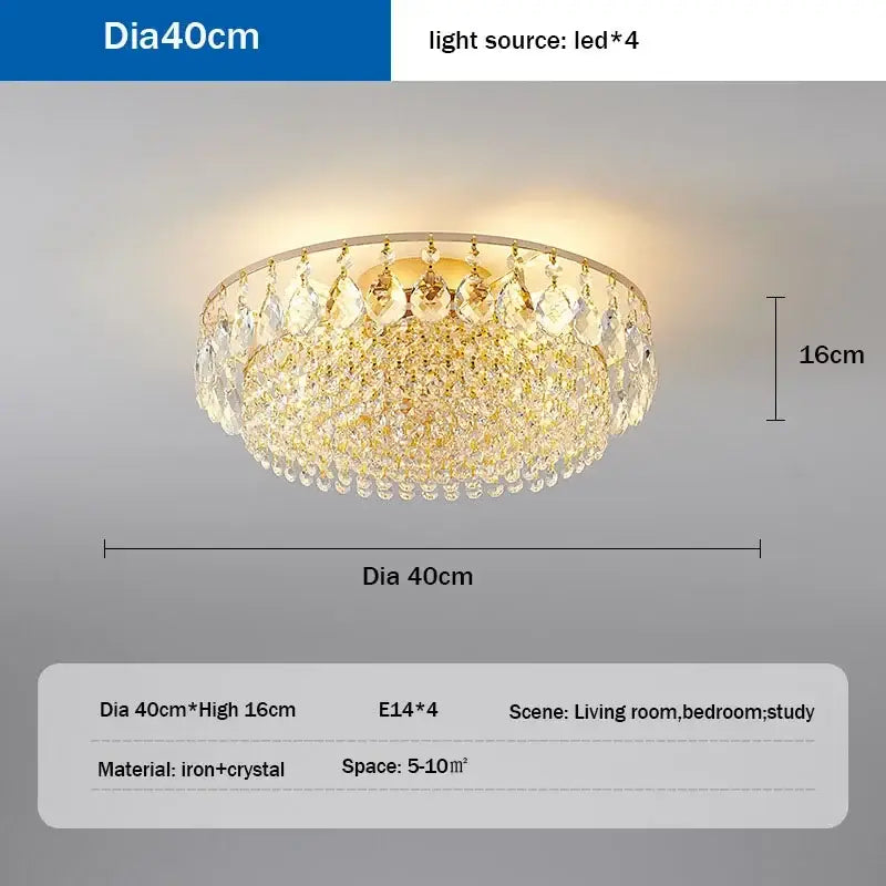 Gold-toned crystal ceiling lights with circular iron frame and faceted crystals for master bedroom and living room decor