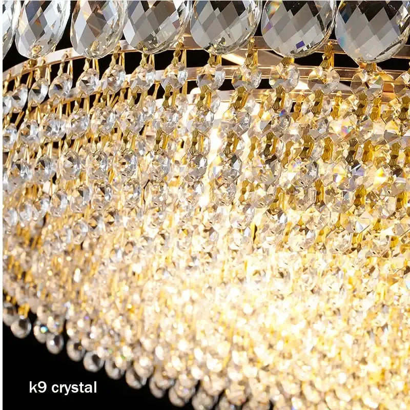 A luxurious gold-toned decorbites crystal ceiling light with cascading k9 crystal beads for elegant living spaces