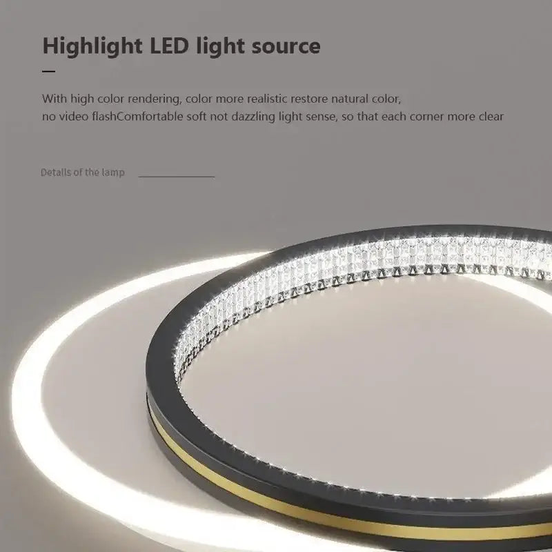 Modern decorbites crystal ceiling lights with round led lamp featuring black and gold frame and crystal accents