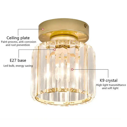 Gold-finished decorbites crystal ceiling light with vertical k9 crystal prisms for warm modern living room illumination