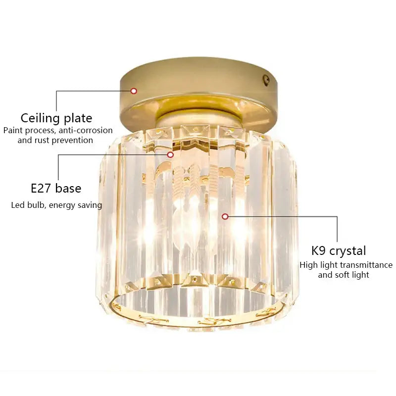 Gold-finished decorbites crystal ceiling light with vertical k9 crystal prisms for warm modern living room illumination