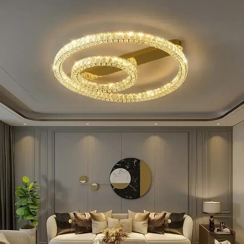 Golden crystal ceiling lights with two interlocking rings from decorbites crystal ceiling collection for living room use