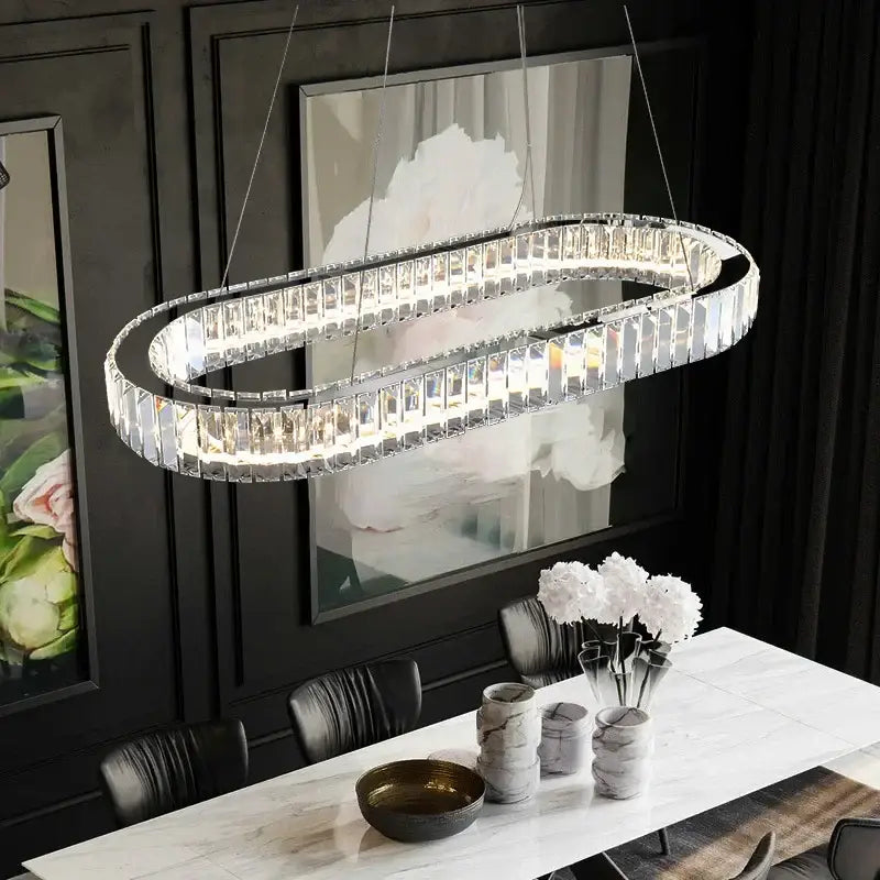 DecorBites crystal ceiling pendant chandelier with double-looped design, silver frame, and embedded LED lights for luxe decor