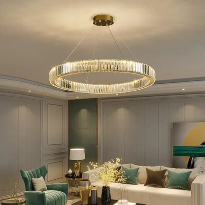 Modern double-ring decorbites crystal ceiling pendant chandelier with clear crystal segments and gold-toned accents