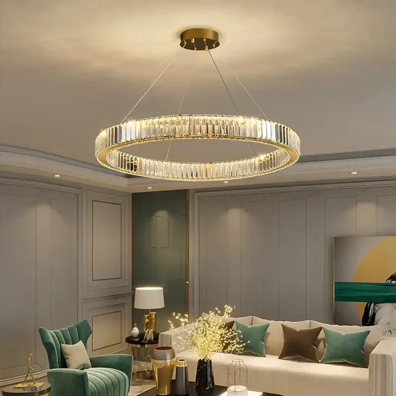 Modern double-ring decorbites crystal ceiling pendant chandelier with clear crystal segments and gold-toned accents