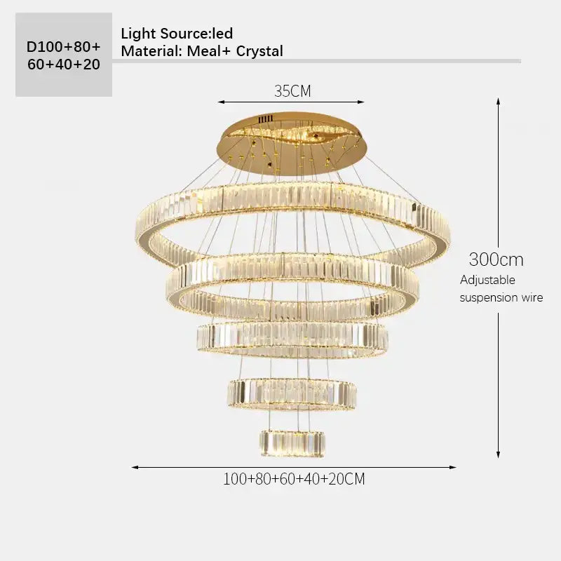 Gold-toned decorbites crystal ceiling pendant chandelier with cascading crystal rings and led lighting for luxe room decor