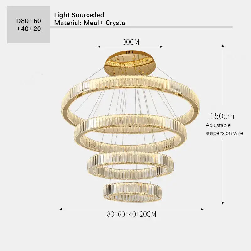 Golden DecorBites crystal ceiling pendant chandelier with tiered concentric rings of crystal and metal illuminated by LED lights