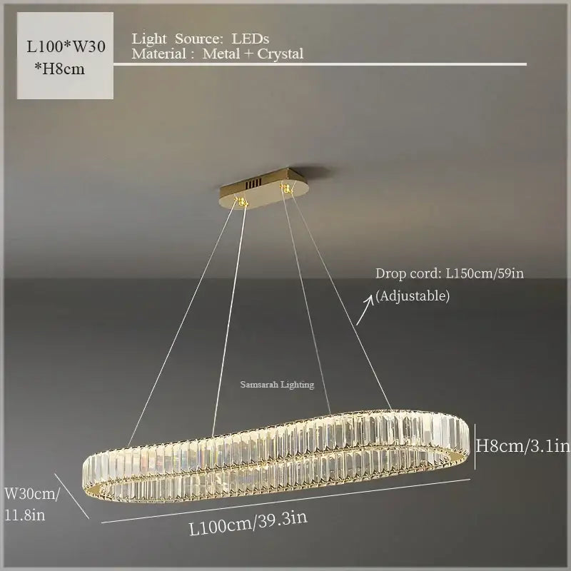 Gold-toned DecorBites crystal ceiling pendant chandelier with clear crystal prisms and LED lighting for luxe room decor
